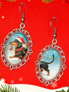 Christmas Dachshund Cabuchon Earrings